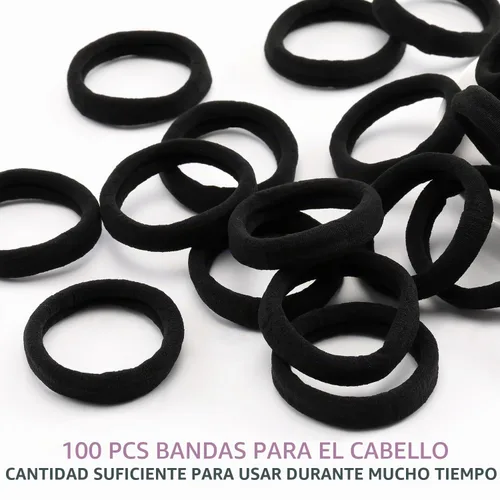 Vista 5 de 100 unidades de gomas de pelo negras para mujeres, bandas de pelo de algodón sin costuras, gomas de pelo sin arrugas ni daños para cabello grueso