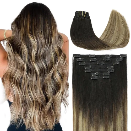 Vista 44 de VINBAO Extensiones de cabello humano con clip, balayage, color marrón ceniza a rubio caramelo, 14 pulgadas, 6 unidades, 3.53 onzas, 6