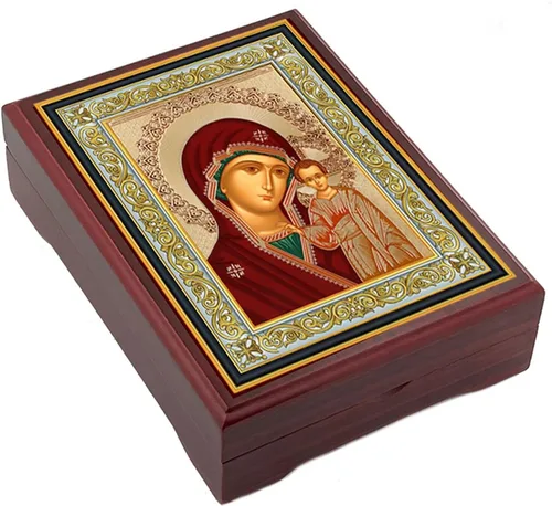 Vista 2 de PIÑATAS OLE Caja de rosario Madonna Icon Box Our Lady of Kazan Box para cuentas de oración, joyería, madera, regalos, cruces, rosarios, cadenas