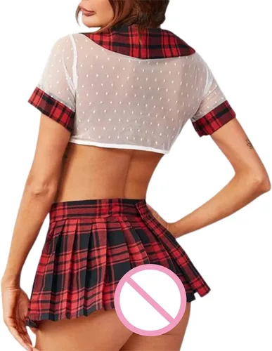 Vista 8 de Zzalalana Lencería de colegiala para mujer, sexy, traviesa, malla transparente, juego de rol, disfraz de estudiante japonés, chaleco corto y falda