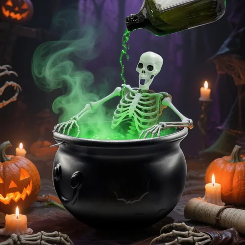 Vista 4 de Decoraciones de Halloween para interiores, caldero con botellas de poción flotantes mágicas y difusor, cuenco de brujas de plástico negro