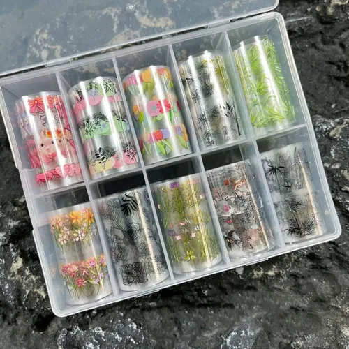 Vista 7 de 10 rollos de calcomanías de transferencia de flores, hojas de lámina de uñas con patrón de pintura de tinta de bambú para decoraciones y suministros