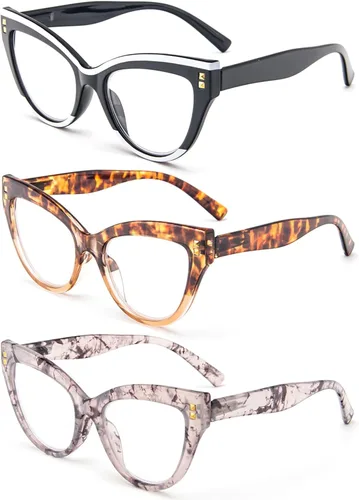 Vista 3 de Gafas de lectura de ojo de gato, bloqueo de luz azul, paquete de 3 gafas de computadora de moda con bisagra de resorte