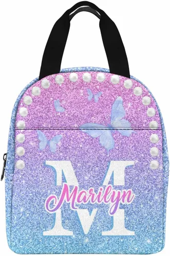 Vista 31 de InterestPrint Bolsa de almuerzo con nombre personalizado para hombres y mujeres, diseño de mariposa rosa y azul personalizada, caja de almuerzo