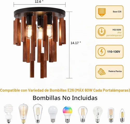 Vista 3 de Lámpara de techo de montaje empotrado de granja, tira de madera rústica de 3 luces cerca del techo, iluminación de techo retro vintage de roble rojo