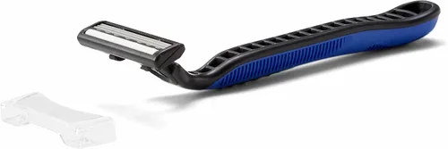 Vista 2 de Medline Maquinillas de afeitar faciales desechables con cuchillas triples y tira de lubricación, ideales para pieles sensibles, color azul, paquete