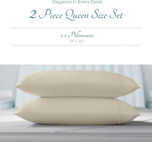 Vista 4 de Carressa Linen Juego de 2 fundas de almohada de algodón egipcio de alta densidad de hilos tamaño Queen (arena), suaves, de tejido satinado