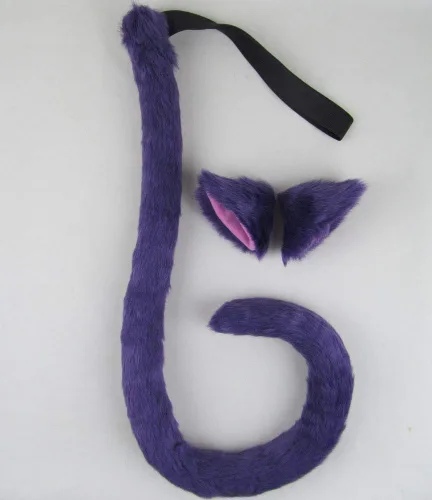 Vista 10 de juego de disfraz de orejas y cola de gato de pelo para fiesta de Halloween y para Cosplay, Negro