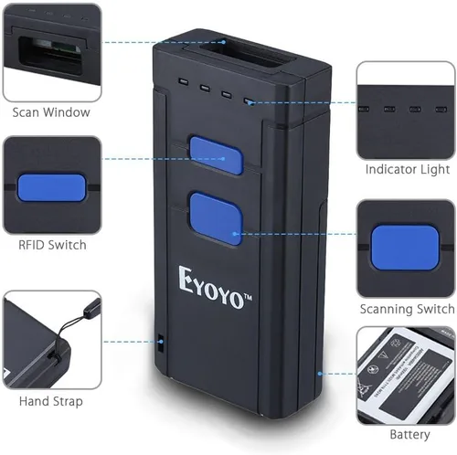 Vista 9 de Eyoyo Mini escáner de código de barras inalámbrico 1D Bluetooth, Bluetooth 3 en 1 y conexión inalámbrica y cableada 2.4G, lector de código de barras