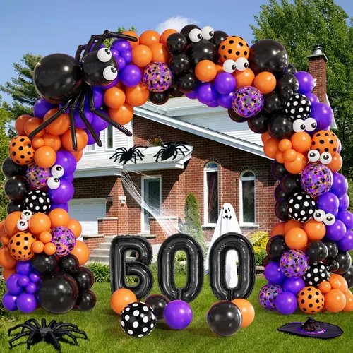Vista 3 de Kit de arco de guirnalda de globos de Halloween con globos de araña, globos de confeti negro, naranja, morado, globos de papel de aluminio