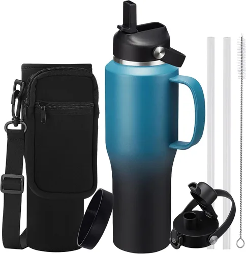 Vista 13 de Botella de agua de acero inoxidable de 32 onzas, frío-48 horas y caliente-24 horas, termo con popote y tapas de boquilla, bolsa, botella aislada al