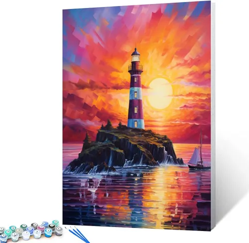 Vista 8 de Pintura por números, puesta de sol, playa, paisaje marino, abstracto, playa, bricolaje, pintura sobre lienzo con pinceles, pinturas acrílicas