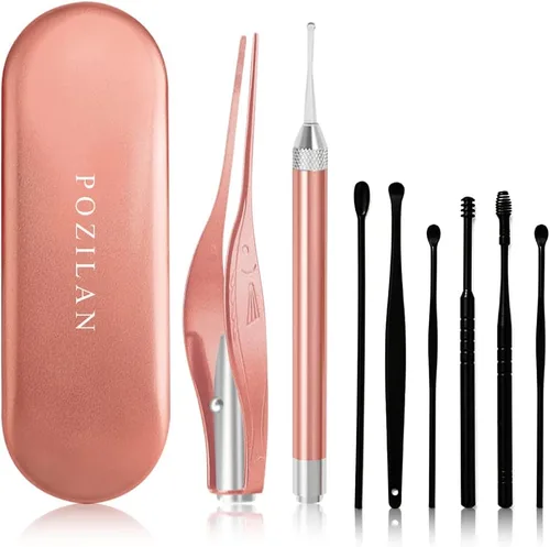 Vista 12 de POZILAN Pinzas para Cerumen con luz LED - Juego de 8 herramientas de limpieza para quitar cera de oído para niños y adultos, cuchara para cerumen