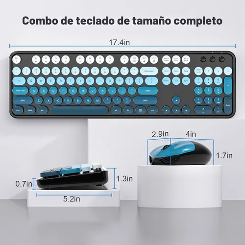 Vista 7 de MOWUX Combo de teclado y mouse inalámbricos, máquina de escribir de tamaño completo, teclado de computadora redondo retro, lindo mouse óptico, 2.4G