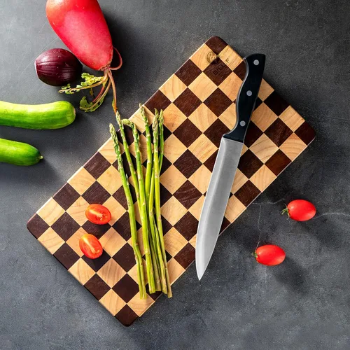 Vista 2 de Tabla de cortar de madera bloque de carnicería, tabla de cortar de madera con patrón de tablero de ajedrez y asas laterales interiores para carne