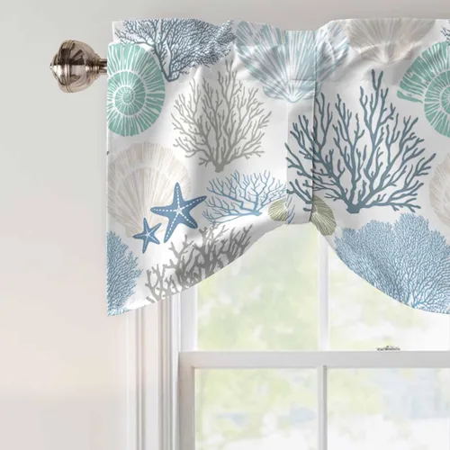 Vista 5 de Cenefa de amarre para ventanas, cortinas náuticas costeras de coral, cenefas con bolsillo para barra, cortinas de ventana con temática de playa