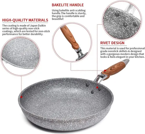 Vista 8 de Sartén antiadherente de piedra de mármol con mango de baquelita resistente al calor, sartén de huevo de inducción de granito apto para lavavajillas