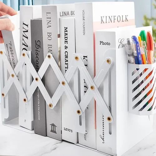 Vista 8 de Extremos de libros resistentes para sostener libros con soporte para bolígrafos, sujetalibros ajustables, extremos de metal para estantes, soportes