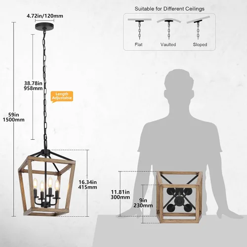Vista 2 de Lámpara de araña de granja de 4 luces, lámpara de techo rústica tipo linterna con jaula de metal pintado de madera y cadena ajustable, luminaria