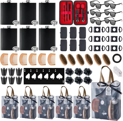 Vista 10 de Juego de 74 premios para baby shower para hombres, 6 juegos con frasco de cadera de acero inoxidable con embudo y abridor de botellas, kit