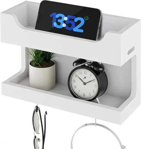 Vista 11 de NiHome Organizador Grande de Mesita de Noche de Madera para Montar en la Pared, Estantes de Almacenamiento Dobles y Ganchos Magnéticos, Estante