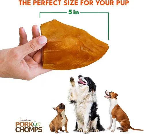 Vista 4 de Pork Chomps Masticables de piel de cerdo asada para perros, formas de oreja de 5 pulgadas, 1.6 onzas (paquete de 1)