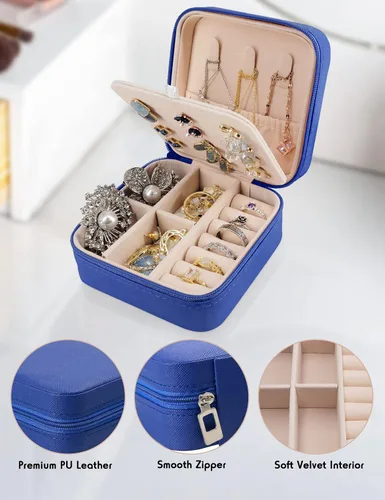 Vista 3 de FireKylin Estuche de joyería de viaje, pequeño organizador de joyas, caja de joyería de viaje, mini estuche de viaje para joyería (azul)