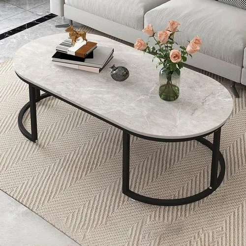 Vista 7 de Mesa auxiliar, moderna y ovalada, mesa de centro minimalista de madera para sala de estar, almacenamiento gris oscuro incluido, 39.5 pulgadas