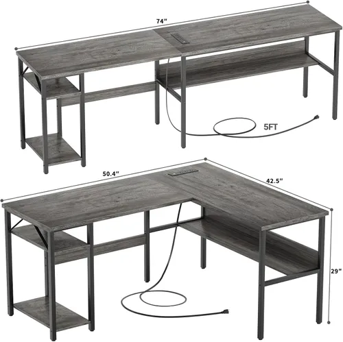 Vista 3 de Escritorio reversible en forma de L para juegos con tomas de corriente y puertos de carga USB, escritorio para computadora resistente con estante