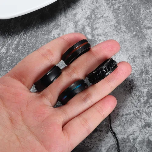 Vista 7 de THUNARAZ Anillo de titanio de acero inoxidable para la ansiedad para mujeres y hombres, anillos giratorios negros para la ansiedad, juego de anillos