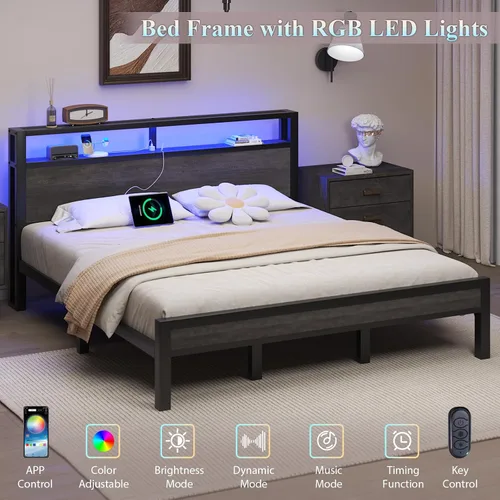 Vista 27 de LOEWAY Base de cama tamaño Queen con cabecero de almacenamiento y luces LED, color gris