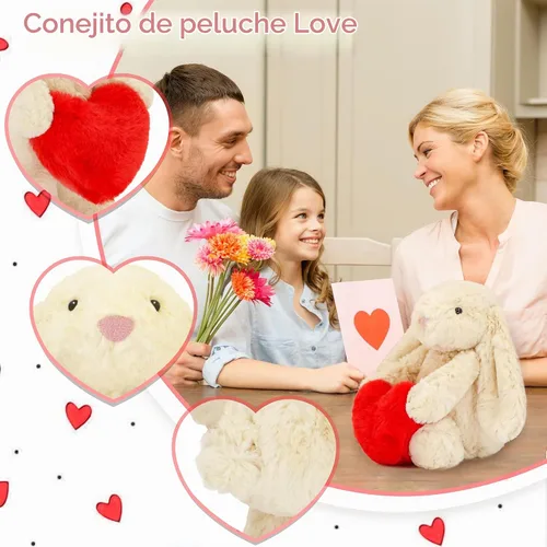 Vista 6 de Animal de peluche de conejo, adorable conejo suave con corazón de sujeción para el día de San Valentín, dulce regalo romántico de cumpleaños