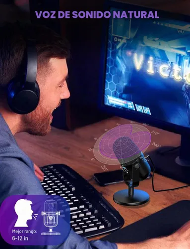 Vista 3 de Micrófono para juegos con cancelación de ruido y botón de silencio, micrófono de condensador USB para transmisión/grabación, diseño ultracompacto