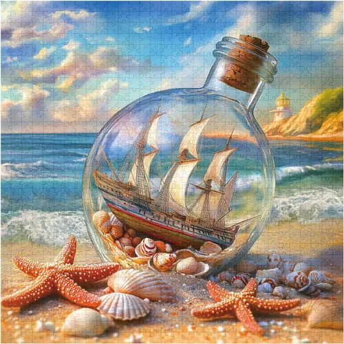 Vista 2 de Rompecabezas de playa para adultos de 1000 piezas, rompecabezas de arte de velero en tarro de conchas marinas, rompecabezas de estrellas de mar