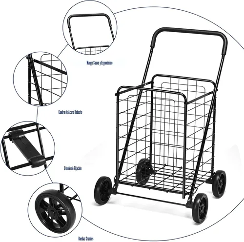 Vista 4 de Goplus Carrito de compras para comestibles, carrito de compras resistente plegable con ruedas, carrito de comestibles portátil colapsable, carrito