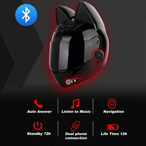 Vista 3 de Casco Bluetooth de motocicleta con orejas de gato, certificado DOT, casco de motocicleta de cara completa, lindos cascos de gato con visera HD