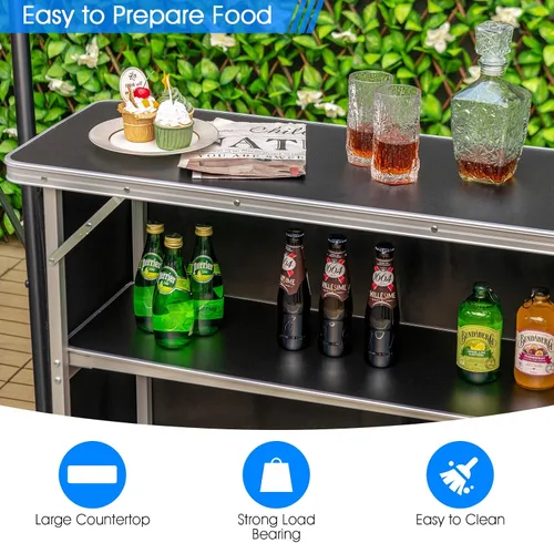 Vista 8 de HAPPYGRILL Mesa de campamento plegable con almacenamiento, mesa de picnic de aluminio con estantes de 2 niveles, mesa grande, bolsa de transporte