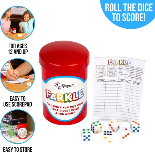 Vista 2 de Regal Games - Juego de dados clásico Farkle con 6 dados de colores, 1 conveniente cubilete para agitar fácilmente y 25 hojas de puntaje - Juego