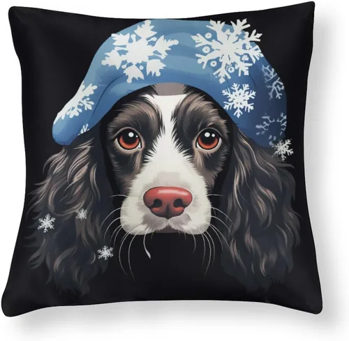 Vista 14 de Divertidas fundas de almohada de satén de Navidad con diseño de perro y cocker spaniel con gorro de Papá Noel, copos de nieve, decoración