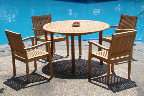 Vista 2 de 5 pieza grade-a – Conjunto de comedor 48" de madera de teca mesa redonda y 4 sillas de leveb Brazo apilables