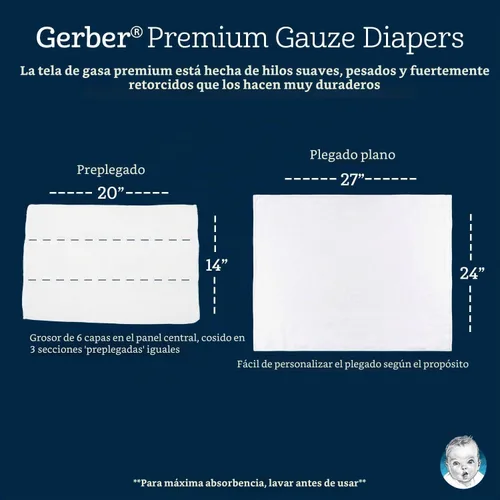 Vista 3 de Gerber Prefold Pañales de gasa, color blanco, 5