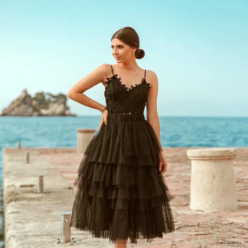Vista 4 de CHICWISH Falda midi de tul para mujer, color rosa nude, negro, escalonada, de malla escalonada, para ballet, fiesta de graduación, tutú, Nude pink