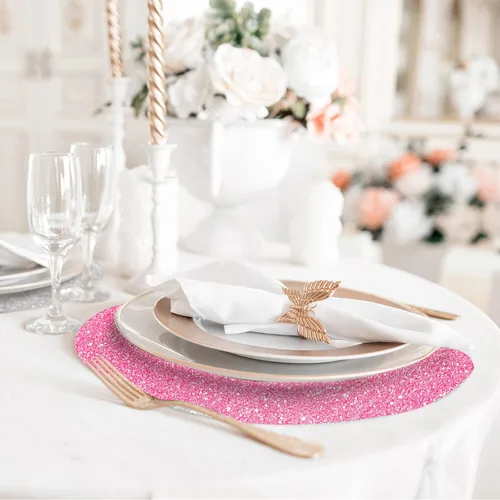 Vista 3 de Manteles individuales rosados con purpurina rosa para manteles individuales para mesa de cocina, manteles individuales para fiestas de hierba