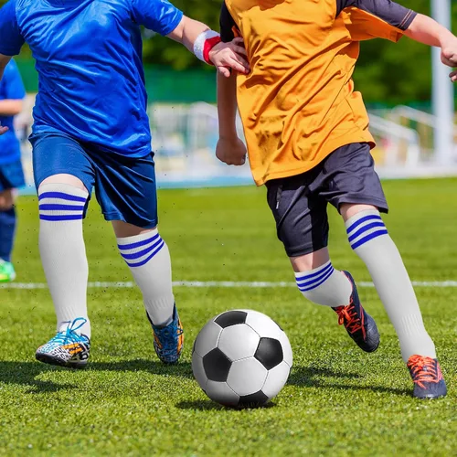 Vista 6 de Liitrsh 6 pares de calcetines de tubo a rayas sobre la pantorrilla, calcetines deportivos de fútbol de triple raya para hombres y mujeres