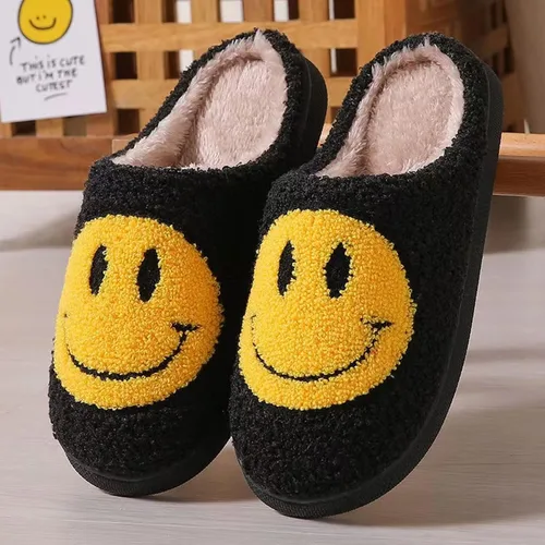 Vista 4 de Foxchic Cute Cozy Smile Face Slippers, Women's Retro Soft Indoor Outdoor Happy Face Shoes, Non-Slip Trendy Plush Comfy Warm Fluffy Slip-on Home