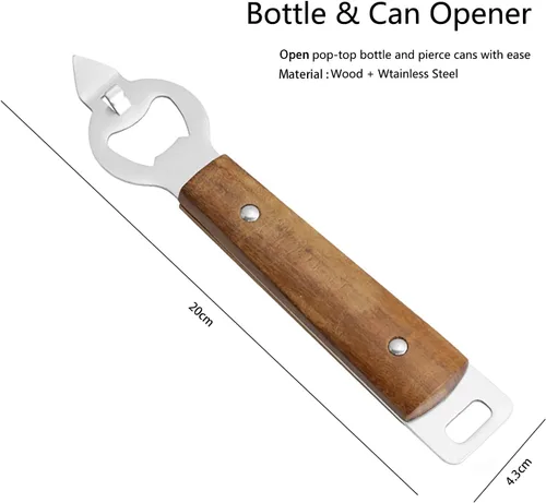 Vista 3 de Abrelatas de acero inoxidable para cocina, mango de madera de acacia manual con agujero para colgar, perforador de botella duradero, abrebotellas