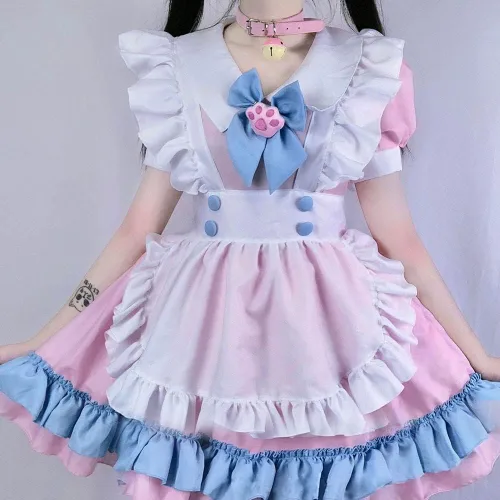 Vista 5 de Lindo uniforme de sirvienta para mujer, con cuello cuadrado, manga abullonada, con cordones, cintura y encaje, disfraz de Halloween