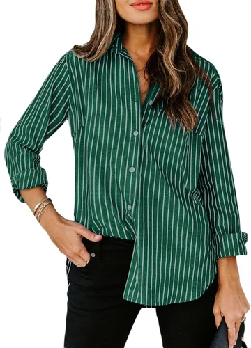 Vista 14 de Siliteelon - Camisas de botones para mujer, camisa de vestir a rayas de algodón, de manga larga, cuello con solapa, para oficina y trabajo