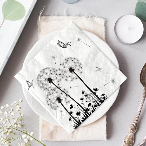 Vista 6 de AnyDesign Paquete de 100 servilletas de papel de diente de león, servilletas de almuerzo florales blancas y negras, desechables, decorativas