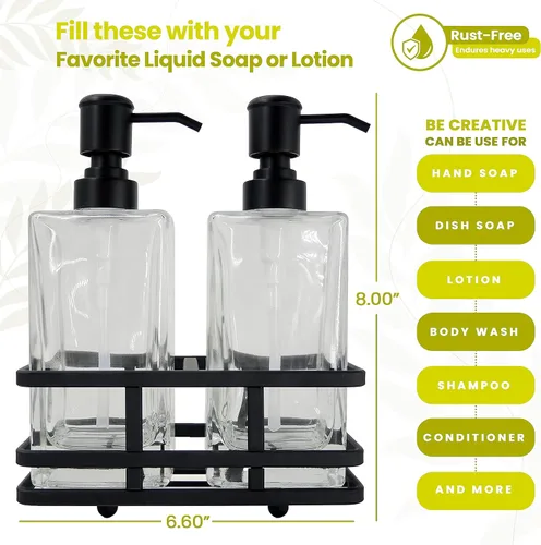 Vista 2 de Juego de dispensador de loción y jabón de vidrio cuadrado transparente con bomba y soporte de metal para baño, cocina, hogar, oficina, viaje, hotel